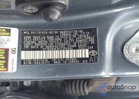 2015 Toyota Corolla Le из США, поврежденный, VIN 2T1BURHE8FC304080